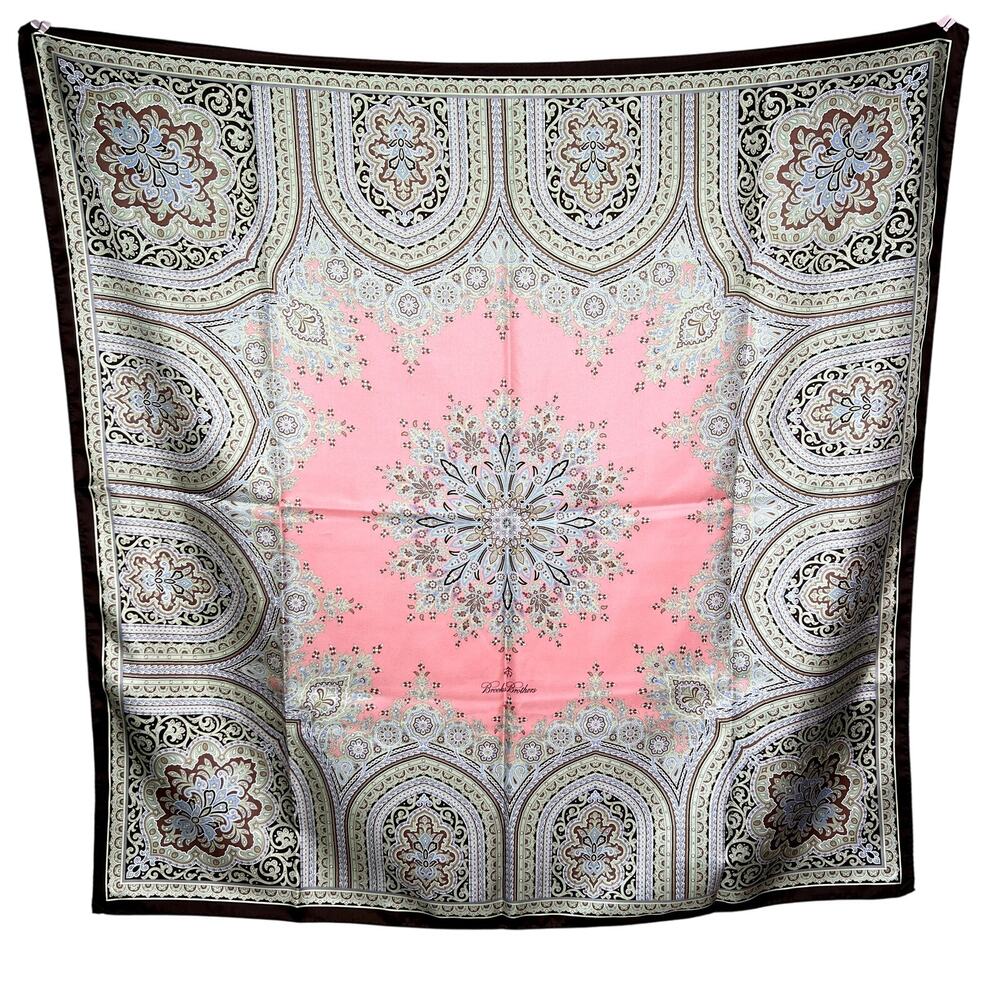 Brooks Brothers 100% Silk Scarf Square Paisley Ornate Printed Mandala Pink Green